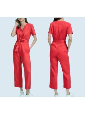 EVERLANE Red Linen Short Sleeve Relaxed Fit Jumpsuit Size 10